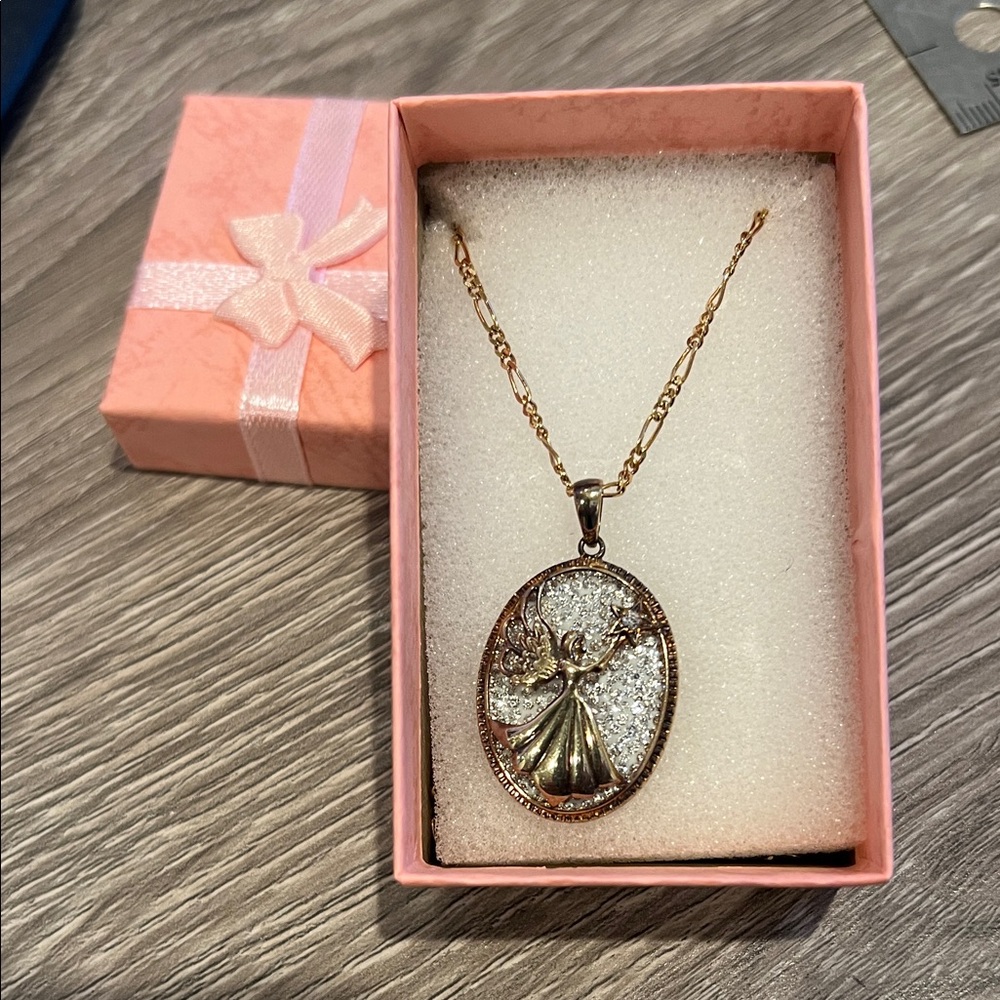 Gold vermeil sterling silver guardian angel pendant necklace w/ crystal accents